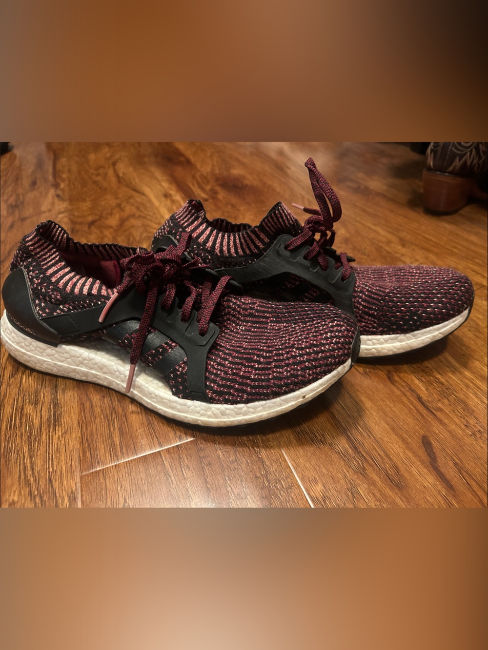 adidas burgundy and pink knit Ultra Boost sneakers